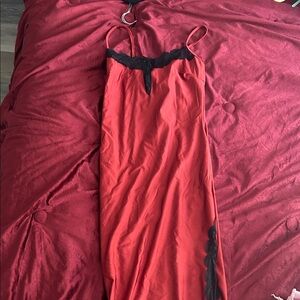 Red Slip Dress with Black Lace Trim